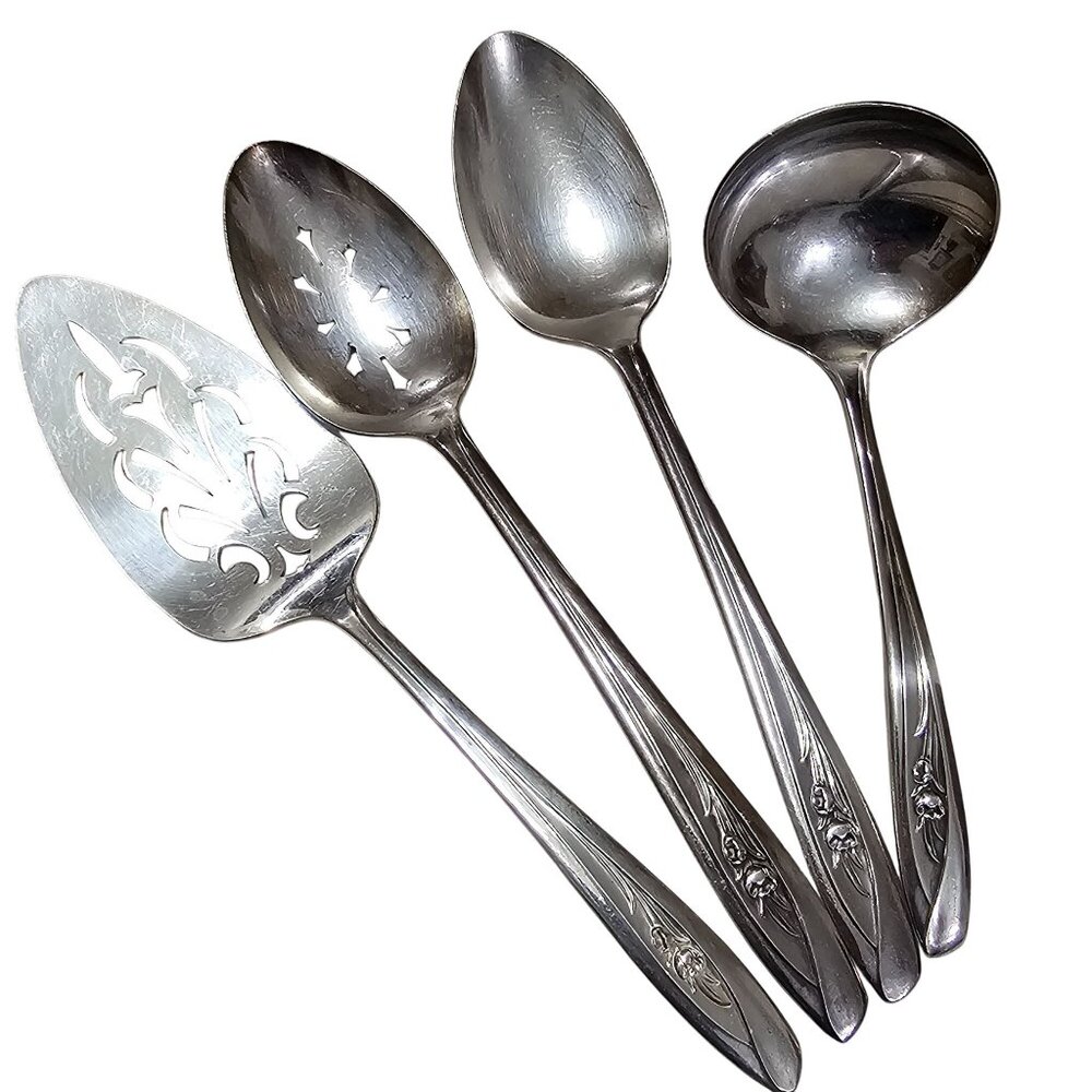 International Silver Tulip Serving Set 4pc floral center design 1950s Vtg minima